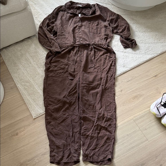 Unsubscribed Pants - NEW- Unsubscribed 100% Silk Brown Long-Sleeve Jumpsuit